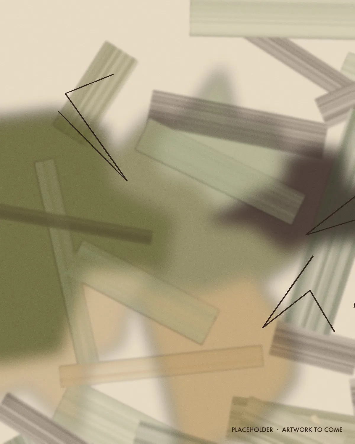 Placeholder artwork: sage, forest, and olive strokes on a cream ground with thin ink lines, standing in for a mixed-media piece.